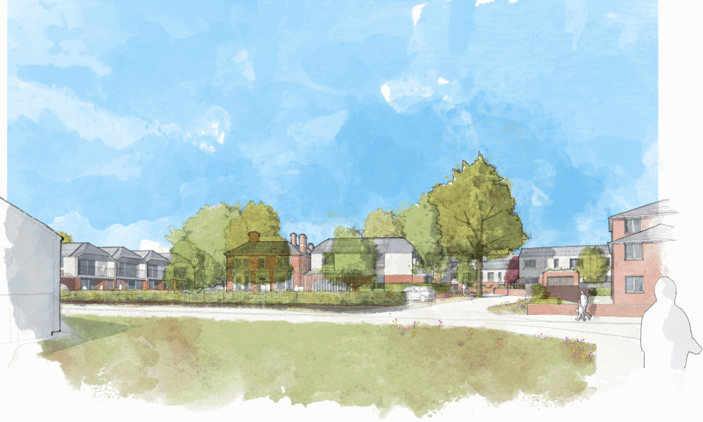 This image: Watercolour sketch of how Stocking Farm Neighbourhood Centre could look from
								Packwood Road. Beyond a green openspace is the Farmhouse, surrounded by trees and new terraced houses.
								The map: The map now shows a bird's eye view of the architect's sketch, detailing the proposed housing
								layout, with retained and new trees and green verges lining the streets. There are blue map markers
								which provide additional information about the proposals. Read the rest of this section to find out more.